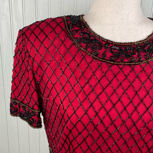 Vintage 80s Papell Boutique Evening Red Silk Beaded Top Women's Size Large - Picture 4 of 9